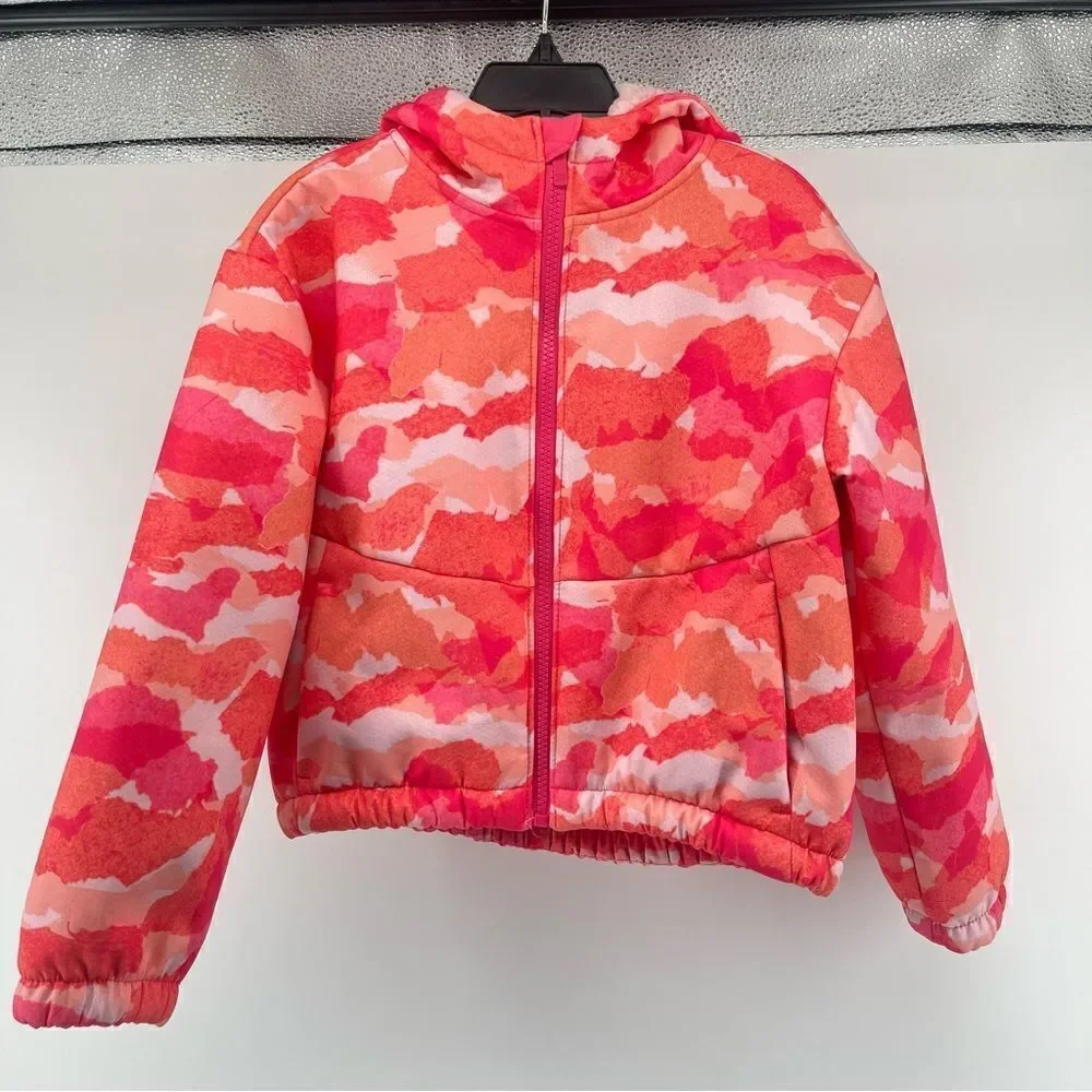 All In Motion Girl’s Abstract Pink Plush Softshell Full Zip Hooded Jacket 6/7